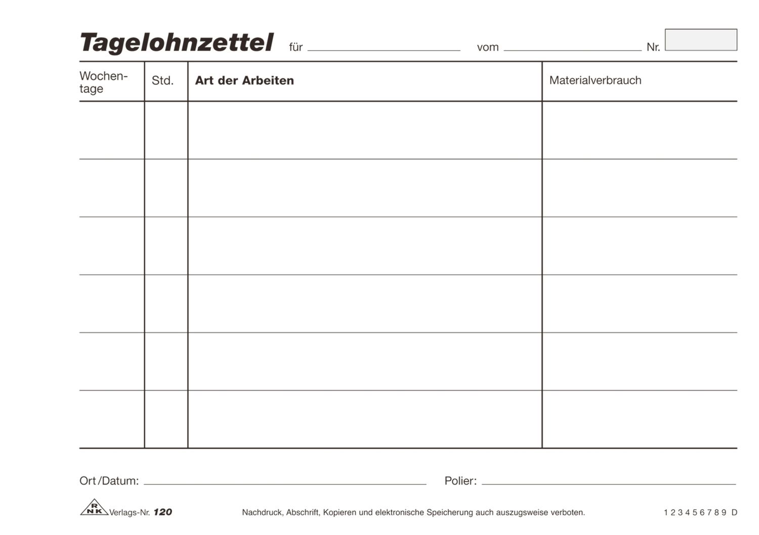 Tagelohnzettel - Block, 100 Blatt, DIN A5 quer, breite Spalten