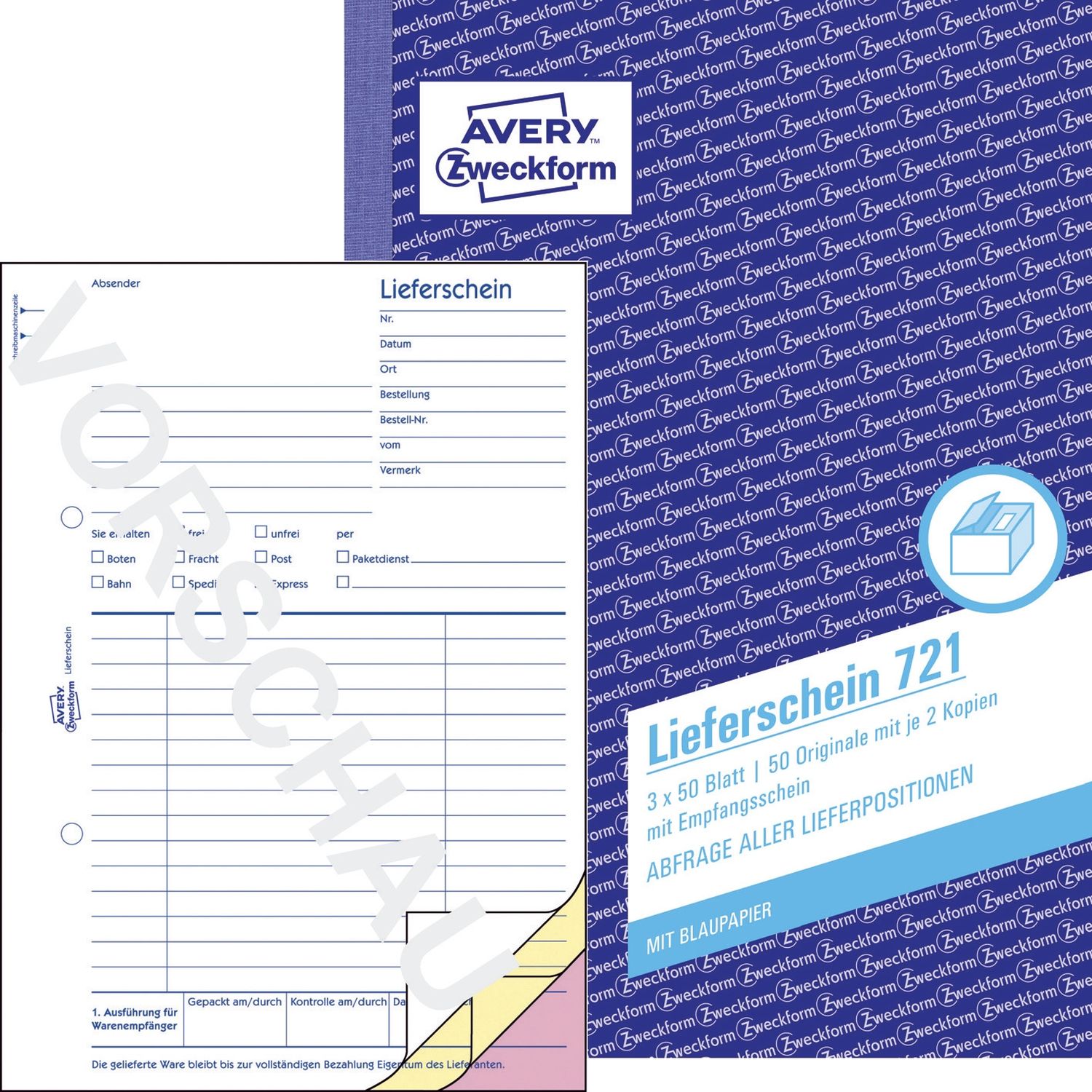 721 Lieferscheine mit Empfangsschein, DIN A5, mit Empfangsschein, 3 x 50 Blatt, weiß, gelb, rosa 721 Lieferscheine mit Empfangsschein, DIN A5, mit Empfangsschein, 3 x 50 Blatt, weiß, gelb, rosa