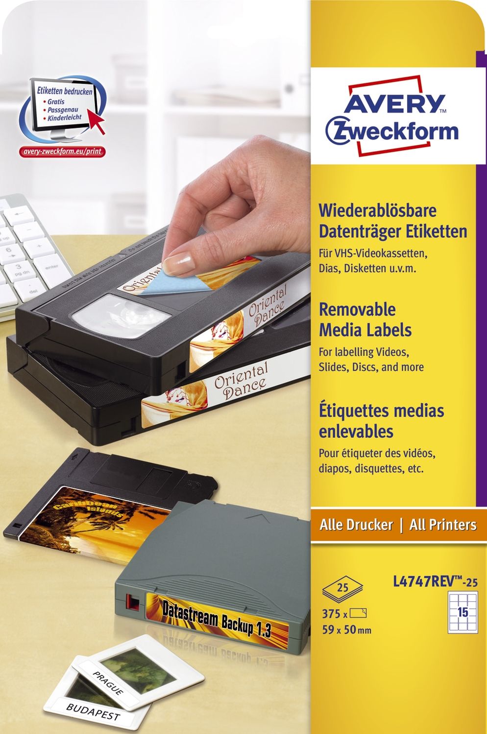 L4747REV-25 Etiketten für ZIP-Disketten, wiederablösbar, 59 x 50 mm, 25 Blatt/375 Etiketten, weiß L4747REV-25 Etiketten für ZIP-Disketten, wiederablösbar, 59 x 50 mm, 25 Blatt/375 Etiketten, weiß