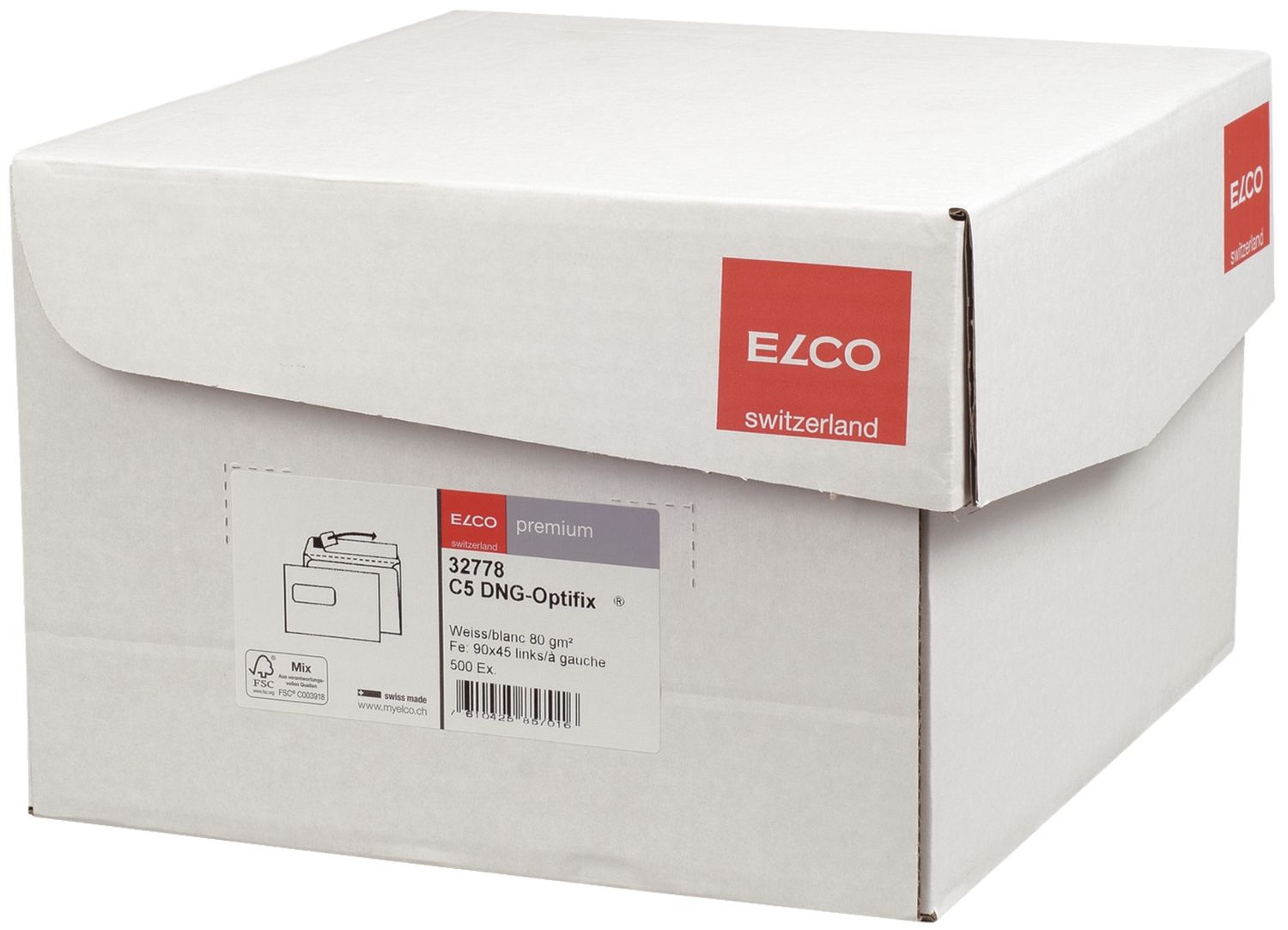 Versandtaschen Office Elco 32778, C5, Öffnung an der langen Seiten,weiß, haftklebend, mit Fenster, 80 g/qm, 500 Stück in Box mit Deckel