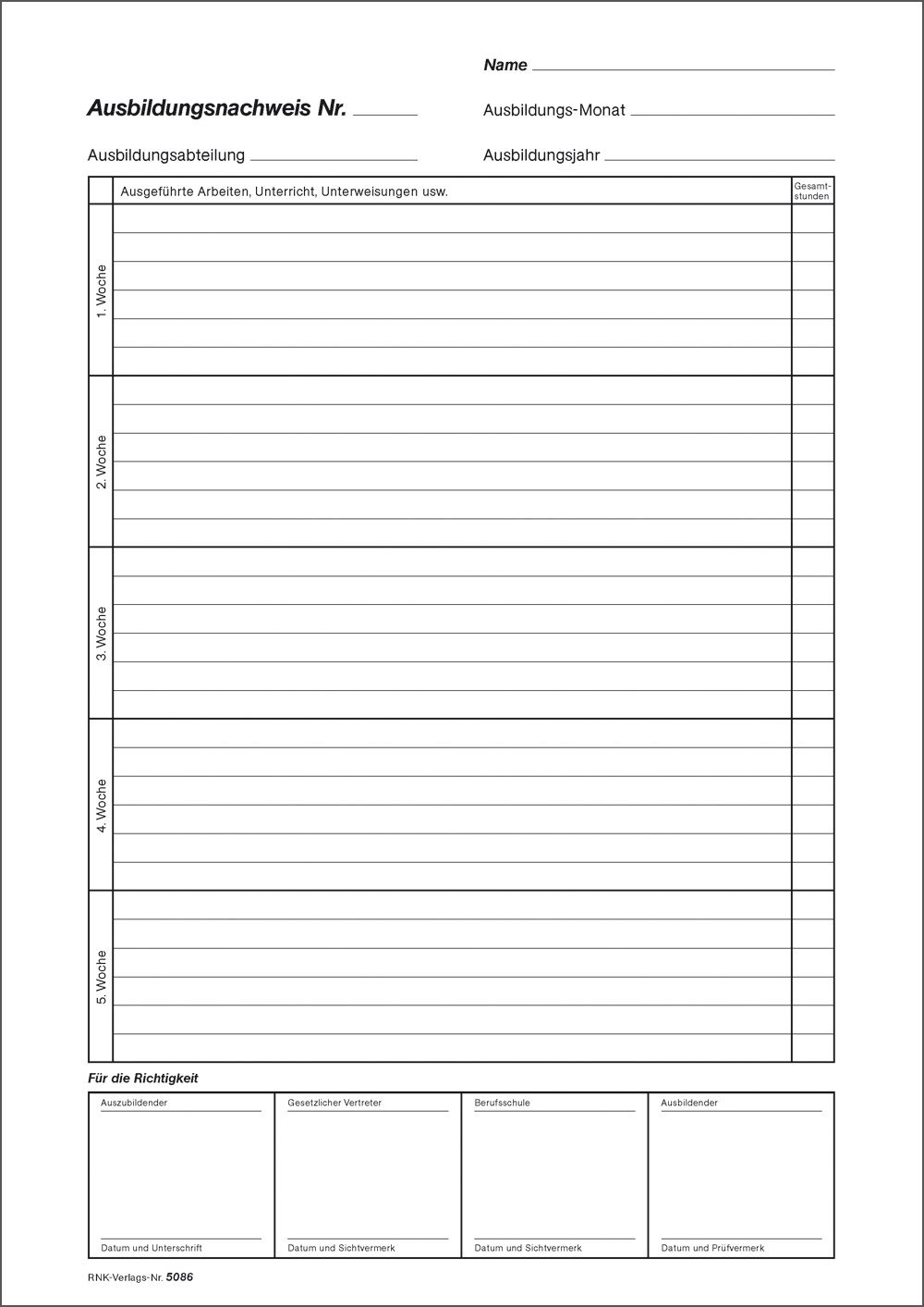 Ausbildungsnachweis-Block monatlich, alle Berufe, 24 Blatt, DIN A4 Ausbildungsnachweis-Block monatlich, alle Berufe, 24 Blatt, DIN A4