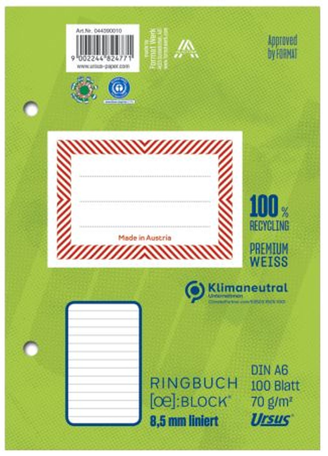 Ringbuchblock - A6, 100 Blatt, 70 g/qm, liniert