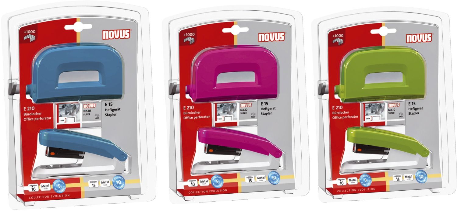 Heftgerät E15 + Locher E210 - sortiert, inkl. Heftkammern, Blisterverpackung Heftgerät E15 + Locher E210 - sortiert, inkl. Heftkammern, Blisterverpackung