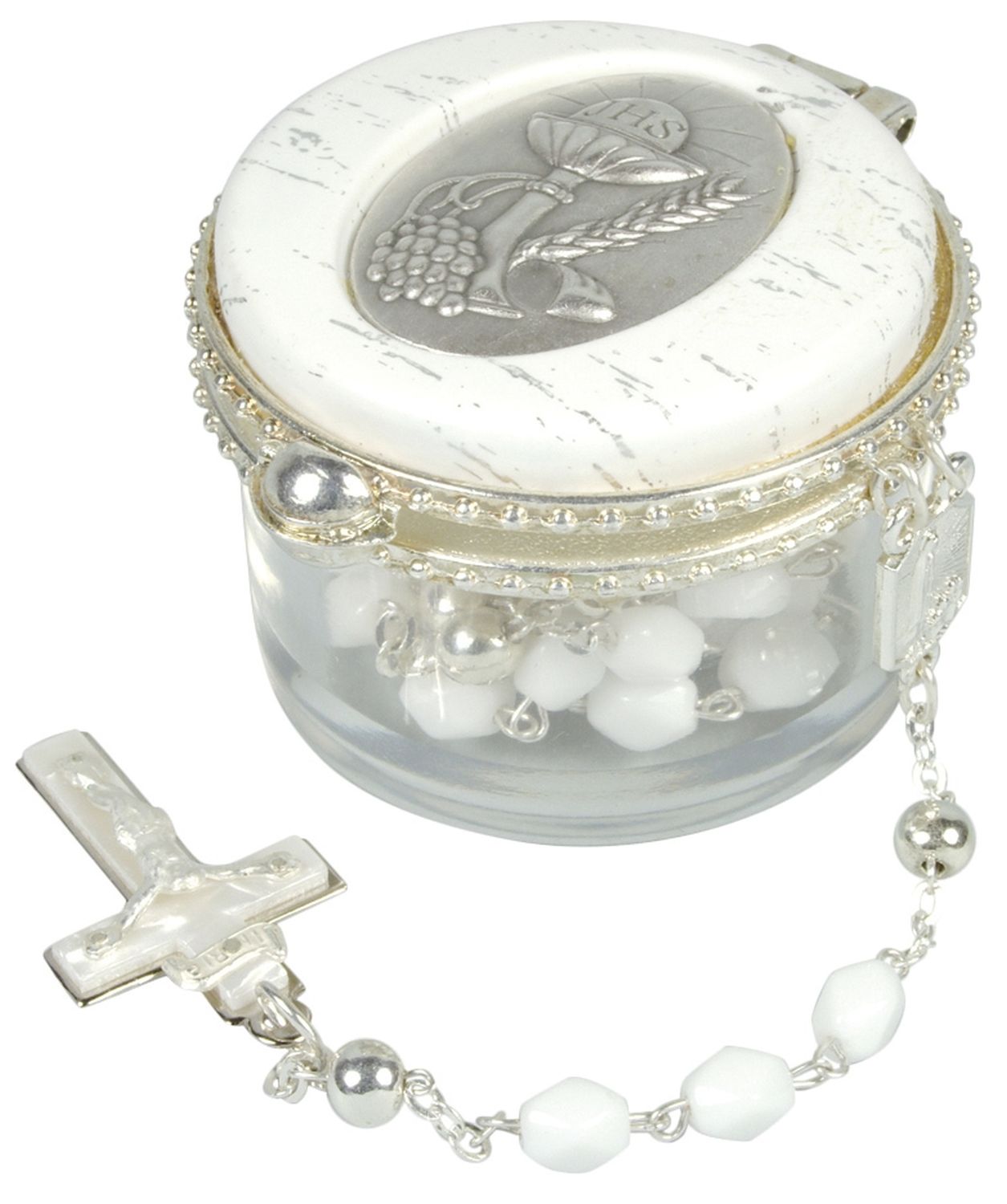 Rosenkranzset - Dose mit Glasrosenkranz, weiß, ca. 39 cm Rosenkranzset - Dose mit Glasrosenkranz, weiß, ca. 39 cm