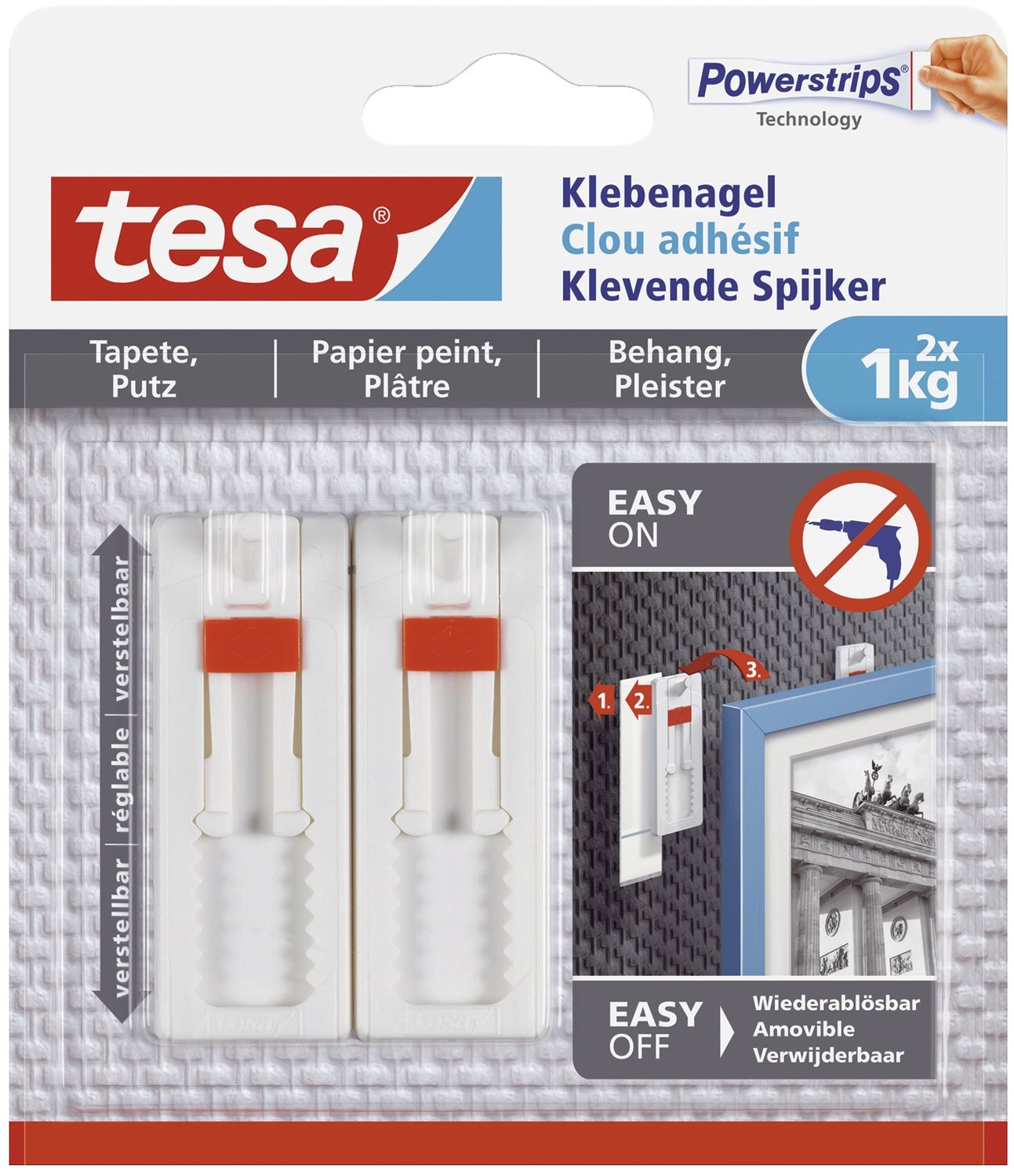 Powerstrips® Klebenagel - ablösbar, verstellbar, Tragfähigkeit 1kg, weiß, 2 Stück