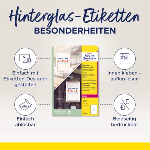 Universaletiketten Avery Zweckfrom L9001-10, Hinterglas-Etiketten, 210 x 297 mm, weiß, 10 Blatt mit 10 Etiketten, ablösbar