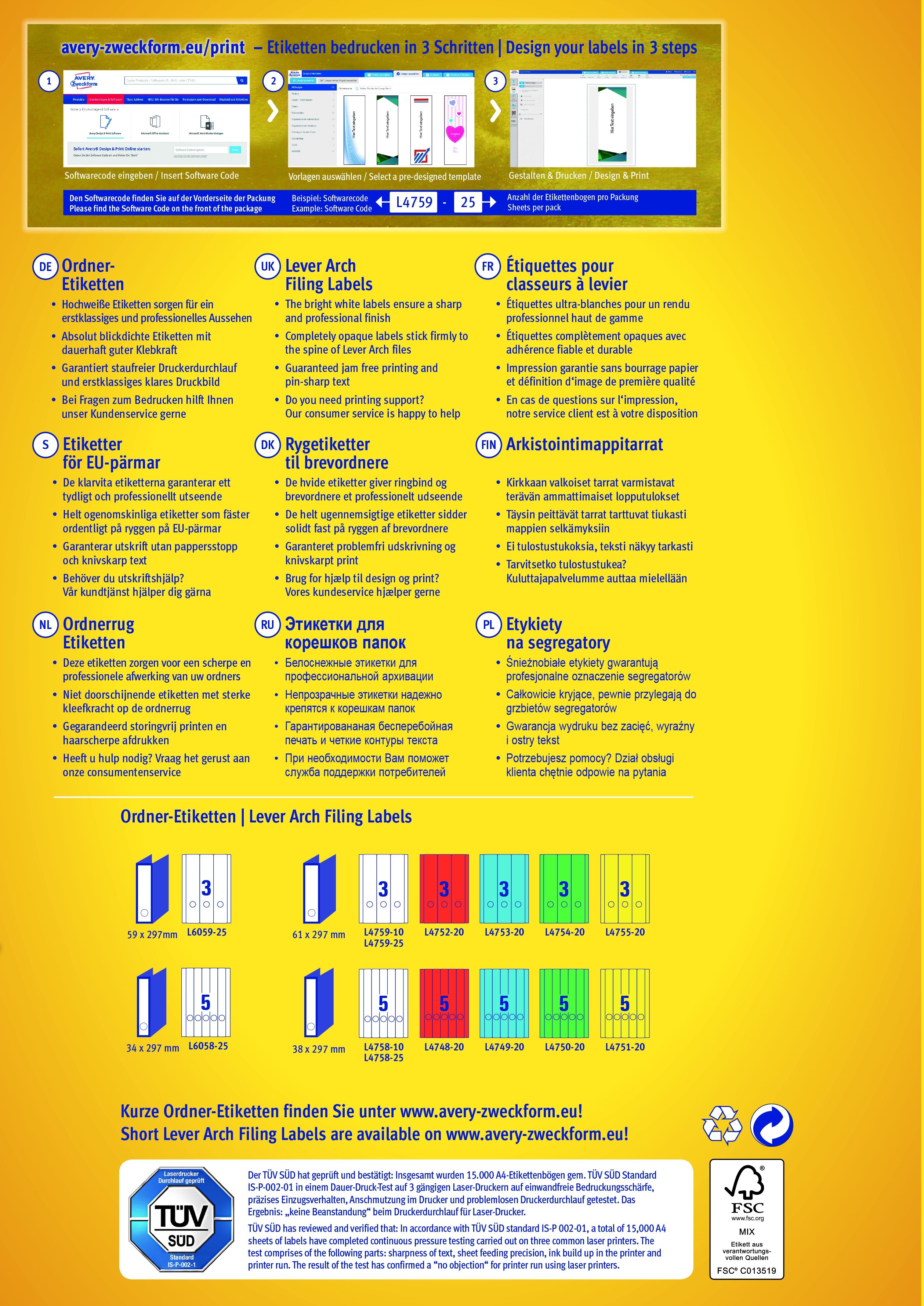 Rückenschild Avery Zweckform L4758-25 PC-beschriftbar, schmal/lang 38 x 297 mm, 30 Bogen/150 Etiketten, weiß