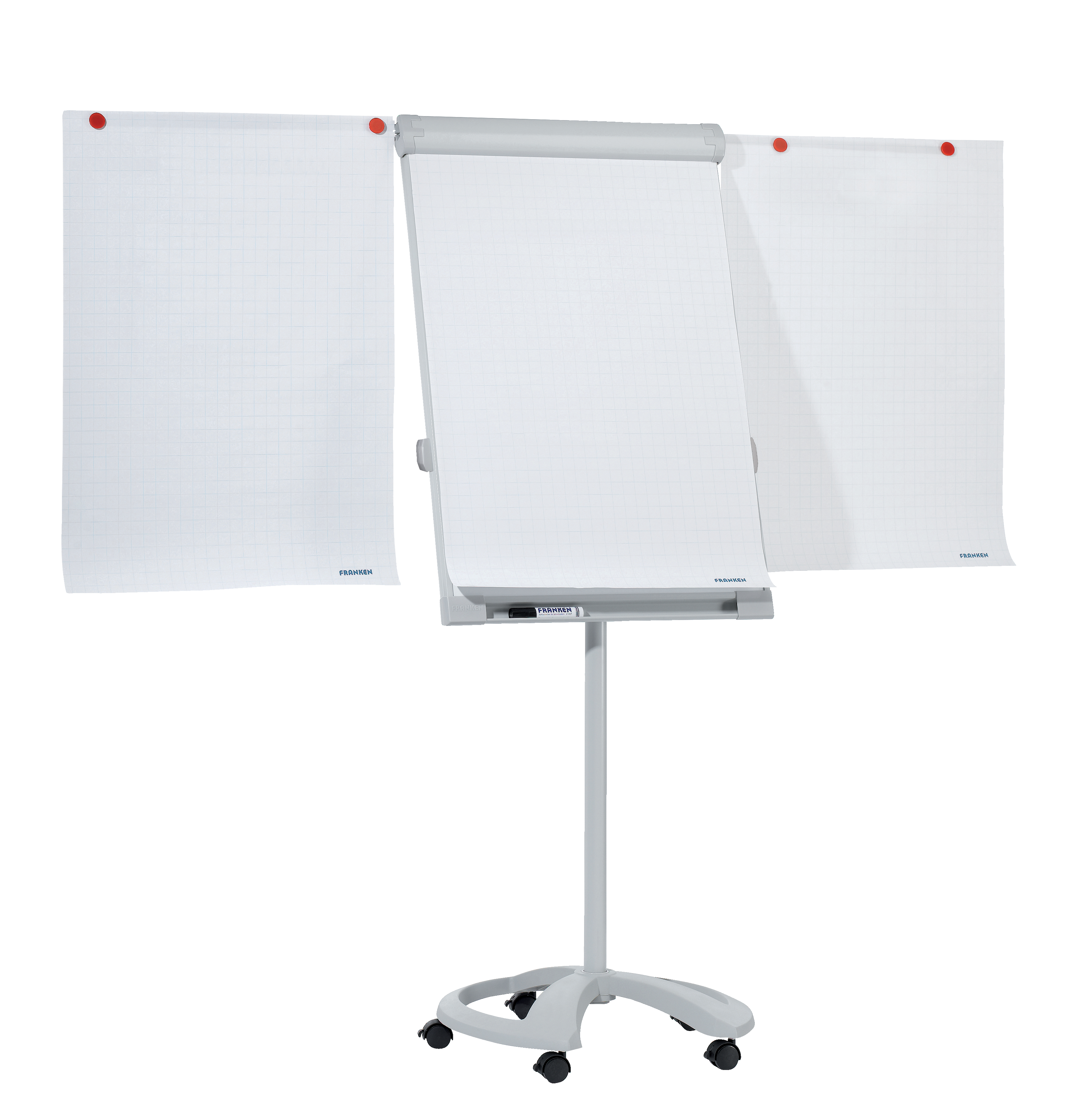 Flipchart Franken Deluxe Mobil FC81, Rundfuß mit Rollen, mit Seitenarmen, höhenverstellbar, 67 x 95 cm