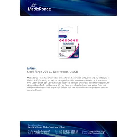 USB-Stick Media Range MR919 Super Speed, 256 GB, bis zu 100 MB/s, USB 3.0