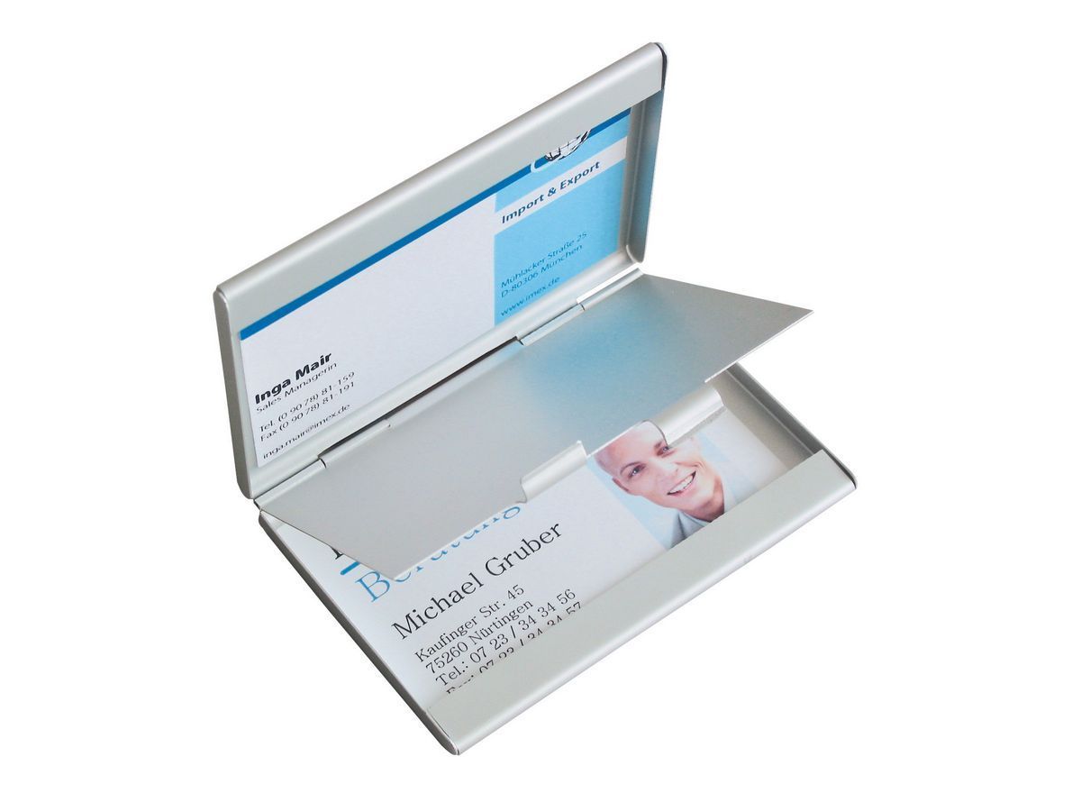 Visitenkarten-Etui Twin - 92 x 63 x 10 mm, silber, matt, mit 2 Fächern Visitenkarten-Etui Twin - 92 x 63 x 10 mm, silber, matt, mit 2 Fächern
