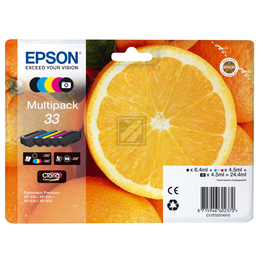 Original Epson Tintenpatrone MultiPack Bk,C,M,Y,PBK EasyMail (C13T33374011,33,T3337,T33374011)