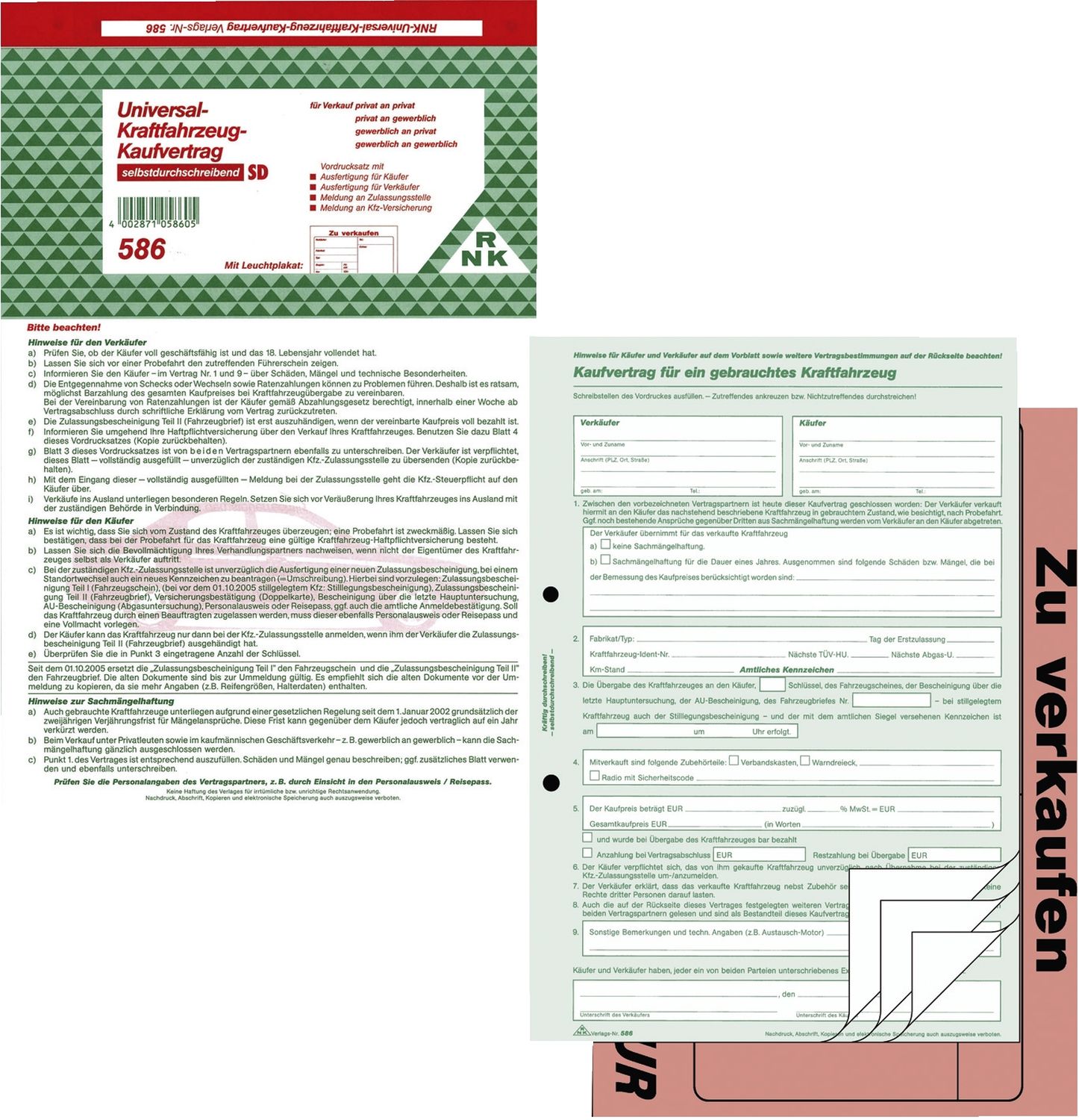 Kaufvertrag für ein gebr. Kfz - SD, 1x4 Blatt, DIN A4, mit Verkaufsplakat Kaufvertrag für ein gebr. Kfz - SD, 1x4 Blatt, DIN A4, mit Verkaufsplakat