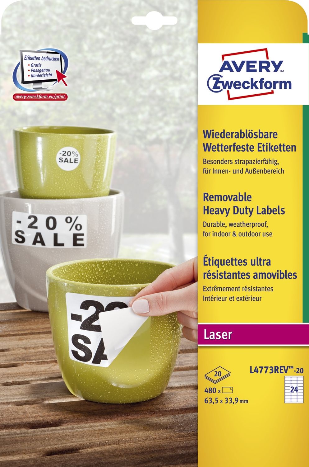 L4773REV-20 Wetterfeste Etiketten (A4, 480 Stück, ablösbar, 33,9 x 63,5 mm) 20 Blatt weiß L4773REV-20 Wetterfeste Etiketten (A4, 480 Stück, ablösbar, 33,9 x 63,5 mm) 20 Blatt weiß
