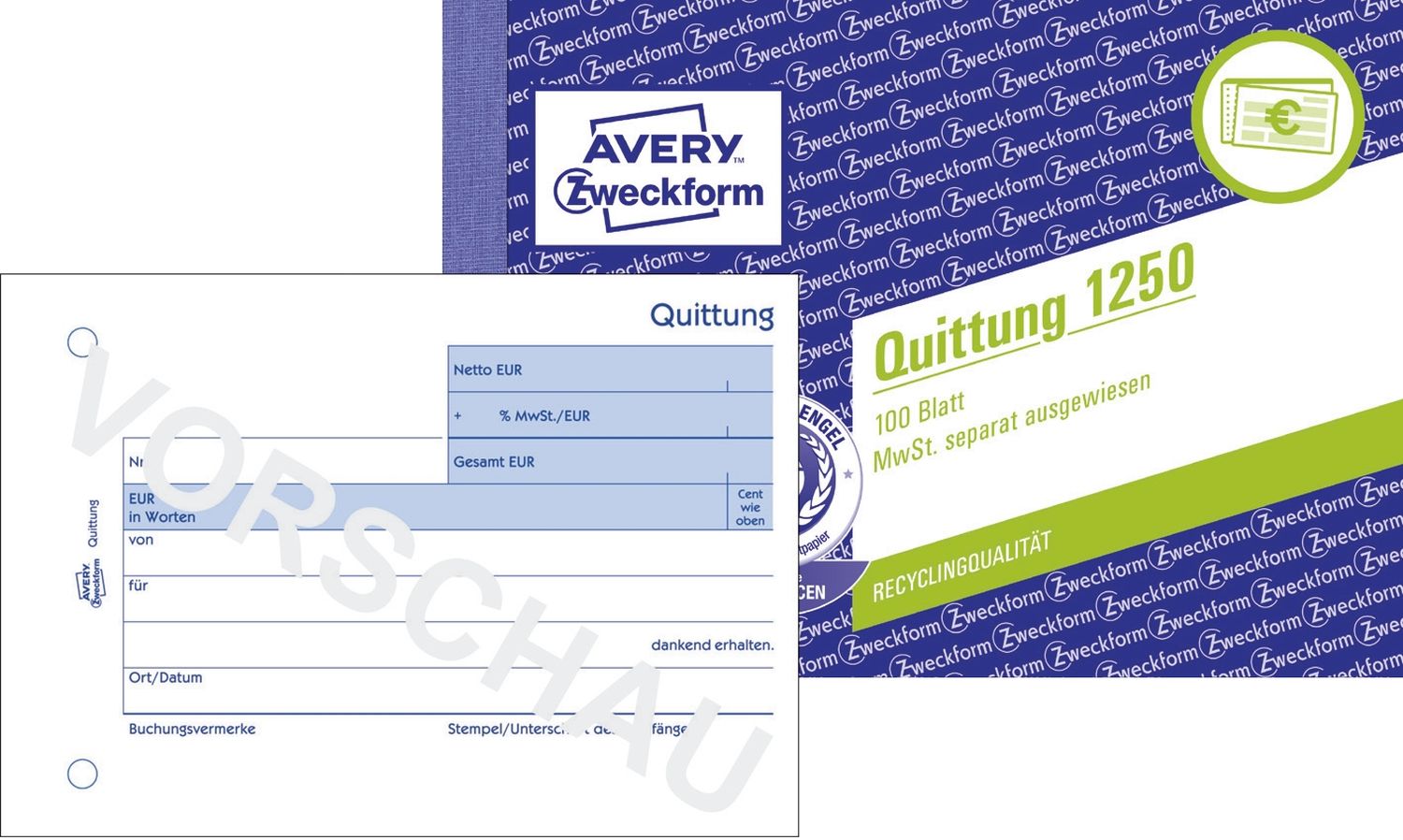 1250 Quittung MwSt. separat ausgewiesen - A6 quer, MP, fälschungssicher, 100 Blatt, weiß 1250 Quittung MwSt. separat ausgewiesen - A6 quer, MP, fälschungssicher, 100 Blatt, weiß
