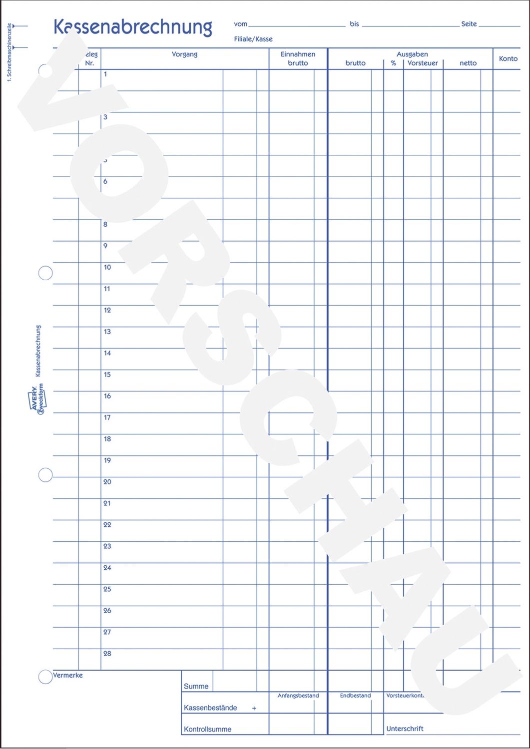 428 Kassenabrechnung, DIN A4, mit MwSt.-Spalte, 2 x 50 Blatt, weiß, gelb 428 Kassenabrechnung, DIN A4, mit MwSt.-Spalte, 2 x 50 Blatt, weiß, gelb