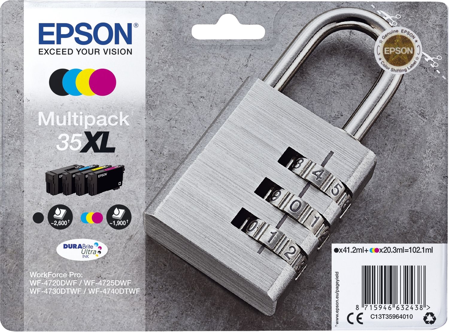 Original Epson Tintenpatrone MultiPack Bk,C,M,Y High-Capacity (C13T35964010,T359640,35XL,T3596,T35964010)