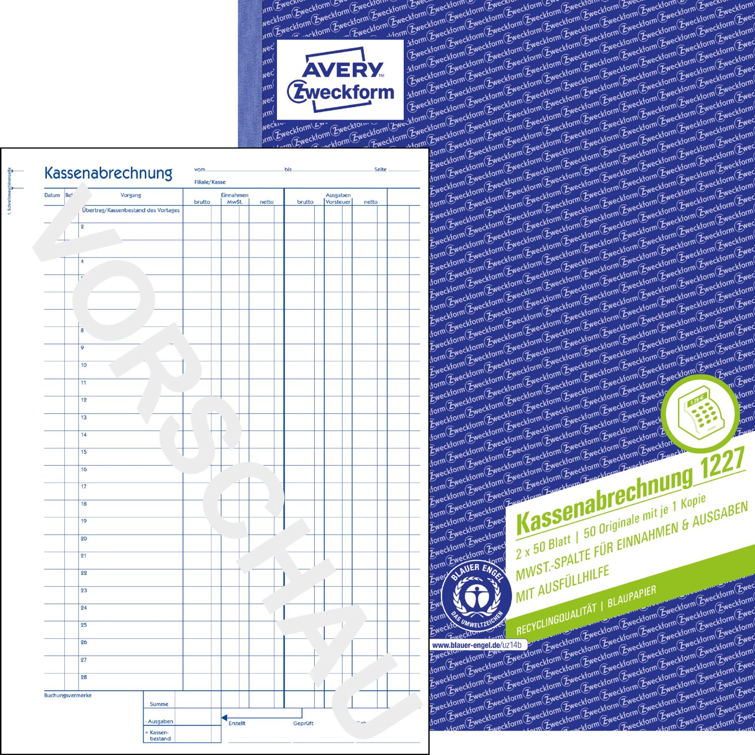 1227 Kassenabrechnung - MwSt.-Spalte, A4, Recycling, Blaupapier, 2x 50 Blatt 1227 Kassenabrechnung - MwSt.-Spalte, A4, Recycling, Blaupapier, 2x 50 Blatt