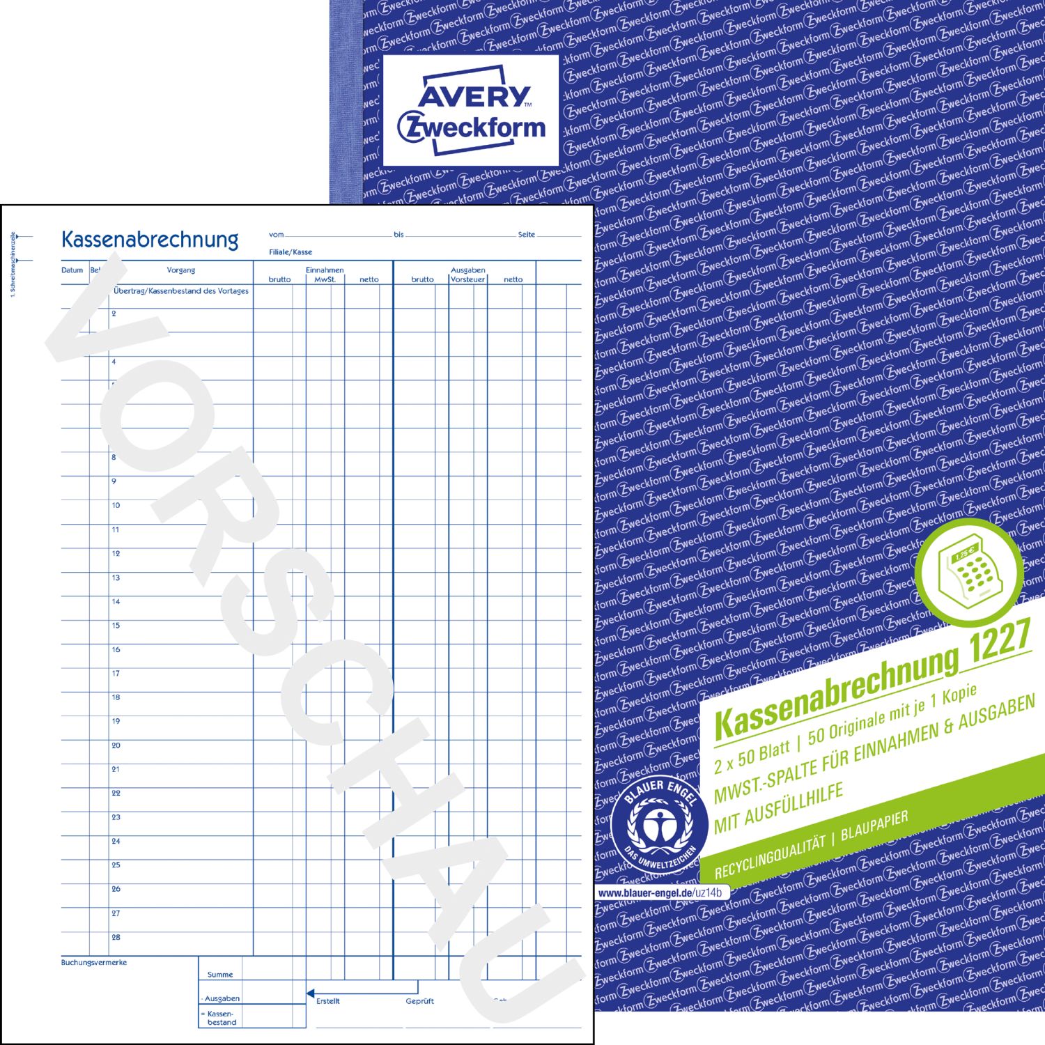 1227 Kassenabrechnung - MwSt.-Spalte, A4, Recycling, Blaupapier, 2x 50 Blatt