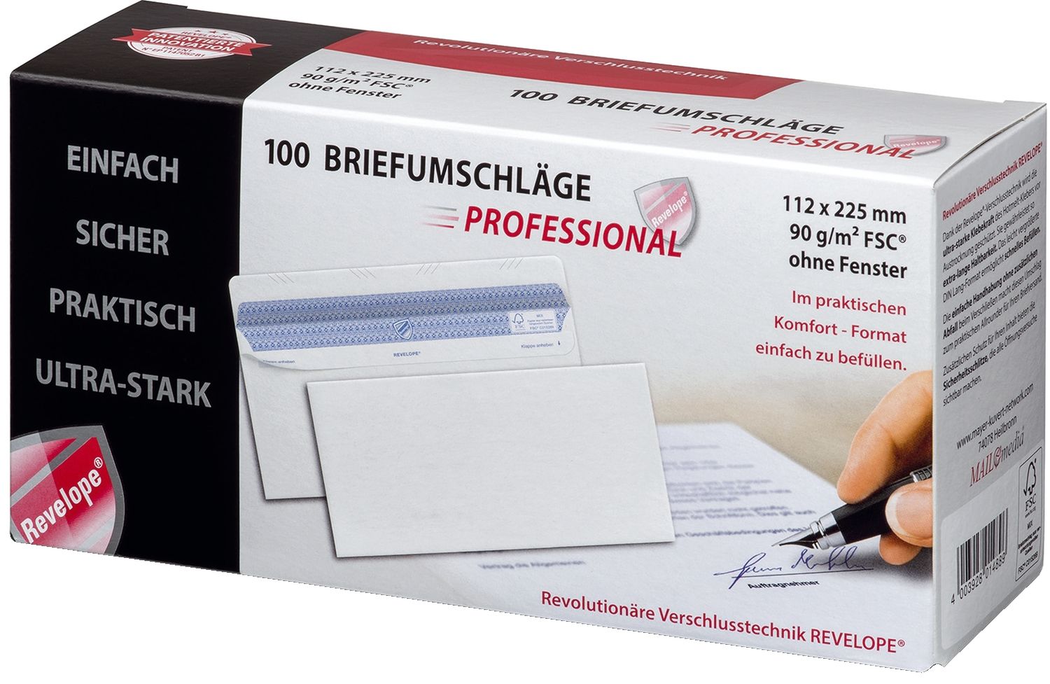 Briefumschlag Revelope® 30051789 - 112 x 225 mm, o. Fenster, weiß,  90 g/qm, Innendruck, Revelope-Klebung, 100 Stück