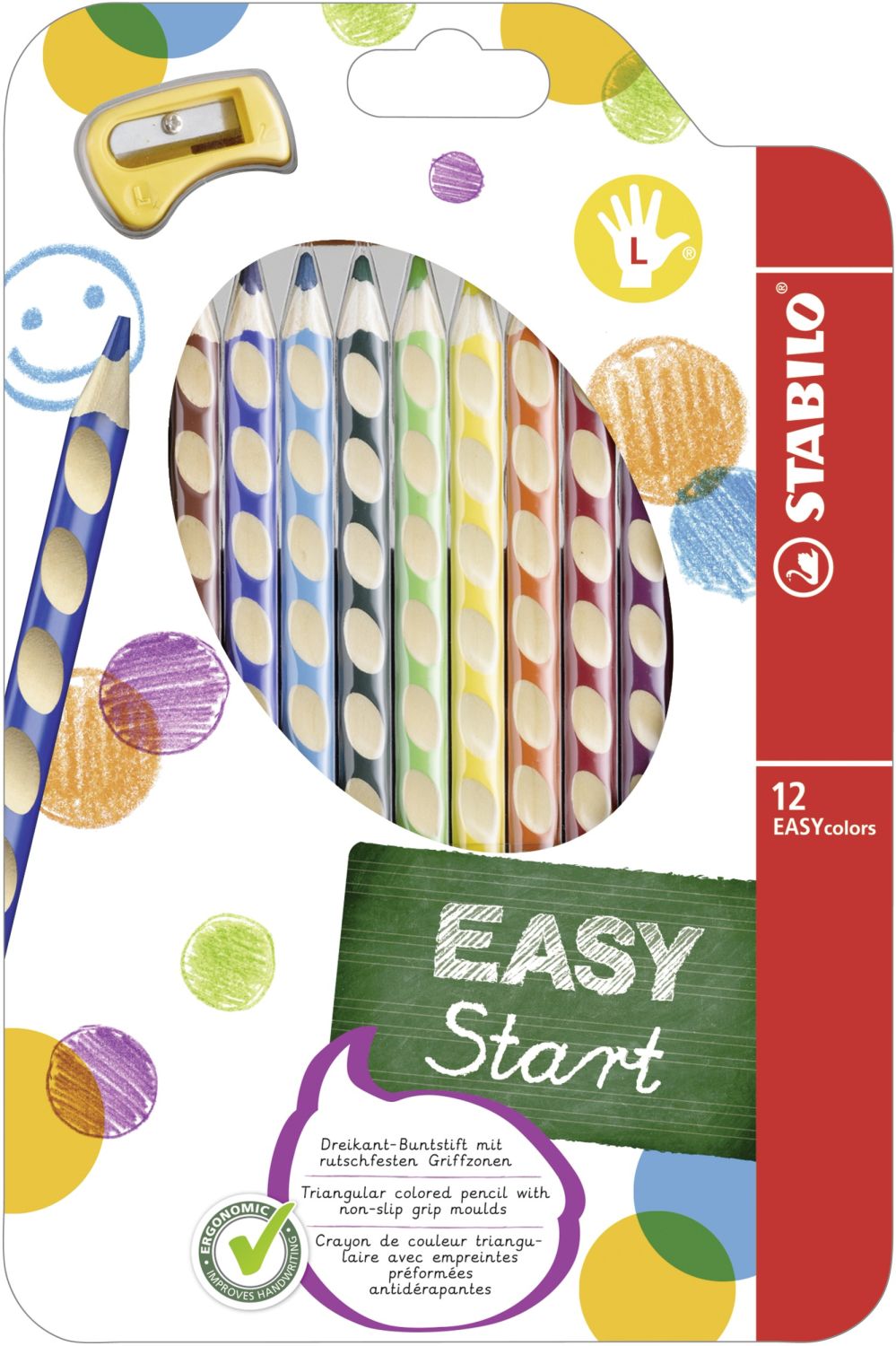 Ergonomischer Buntstift für Linkshänder - EASYcolors - 12er Pack mit Spitzer - mit 12 verschiedenen Farben Ergonomischer Buntstift für Linkshänder - EASYcolors - 12er Pack mit Spitzer - mit 12 verschiedenen Farben