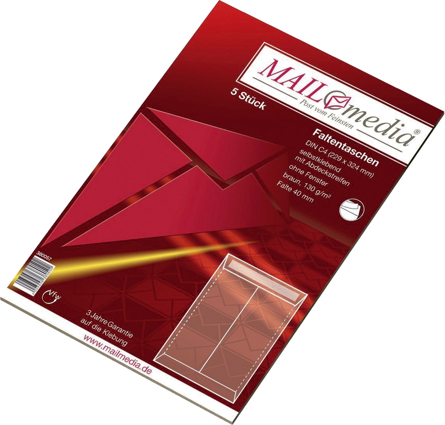 Faltentasche MAILmedia®30002480, C4,Falte 40mm,haftklebend,m.Abdeckstr.,o.F.,braun,130 g,5 St. Faltentasche MAILmedia®30002480, C4,Falte 40mm,haftklebend,m.Abdeckstr.,o.F.,braun,130 g,5 St.