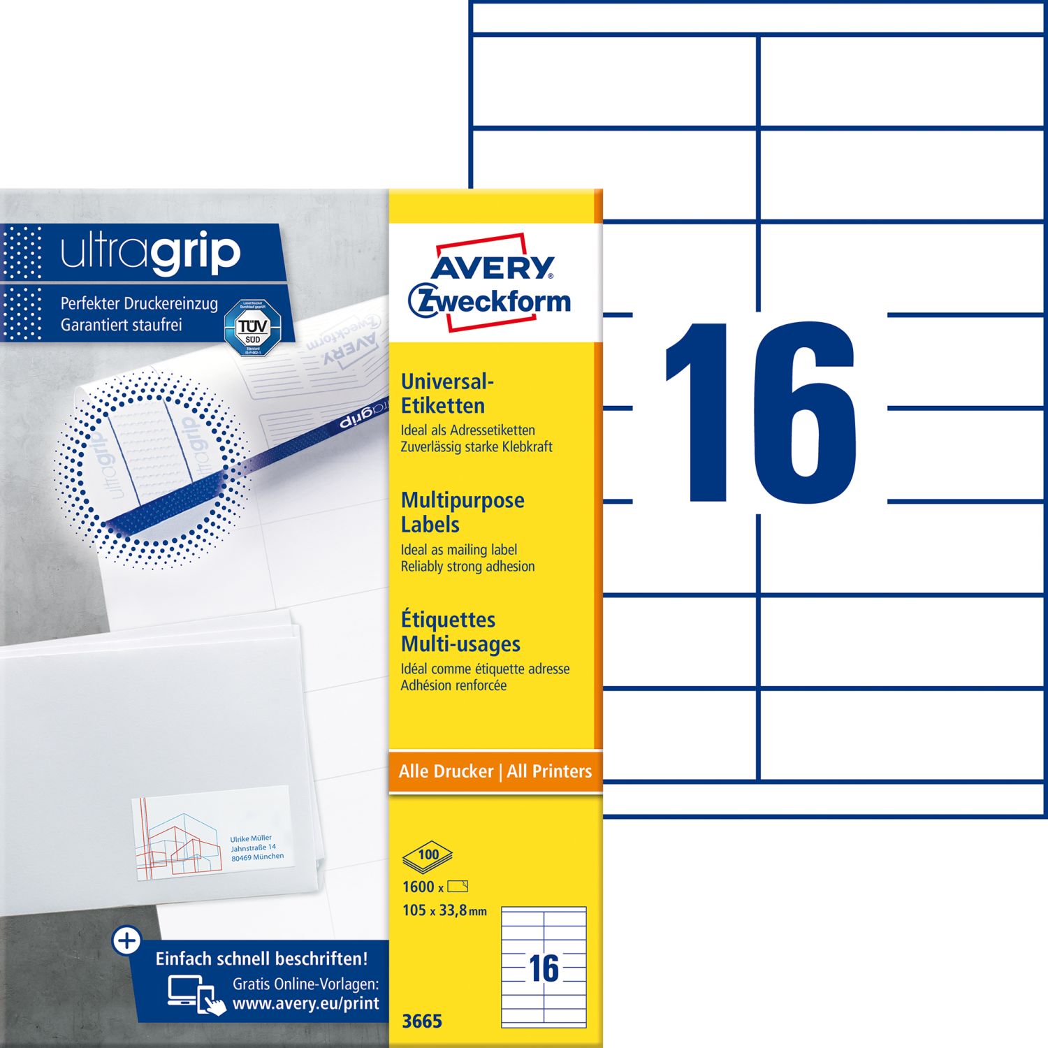 3665 Universal-Etiketten ultragrip - 105 x 33,8 mm, weiß, 1.600 Etiketten, permanent 3665 Universal-Etiketten ultragrip - 105 x 33,8 mm, weiß, 1.600 Etiketten, permanent