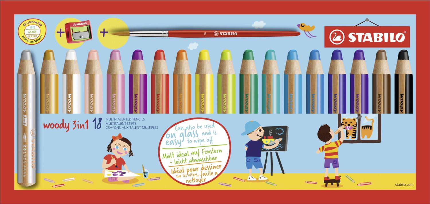 Buntstift, Wasserfarbe & Wachsmalkreide - woody 3 in 1 - 18er Pack mit Spitzer und Pinsel - mit 18 verschiedenen Farben Buntstift, Wasserfarbe & Wachsmalkreide - woody 3 in 1 - 18er Pack mit Spitzer und Pinsel - mit 18 verschiedenen Farben