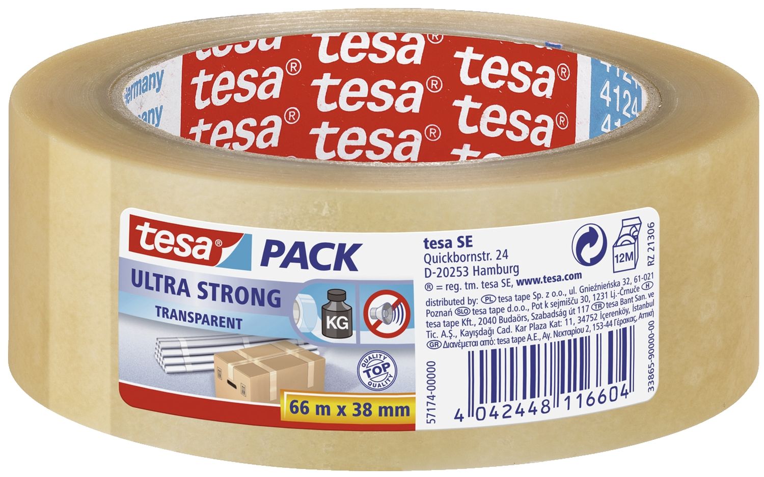 Verpackungsklebeband tesapack® Ultra Strong, PVC, 66 m x 38 mm, transparent