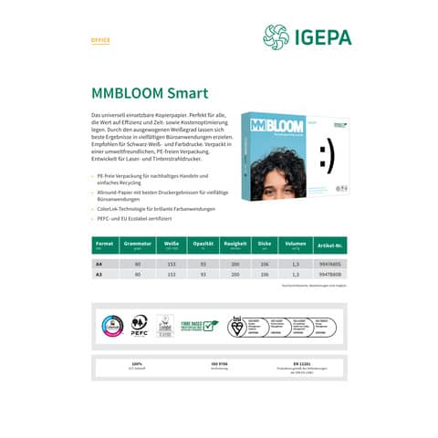 Kopierpapier MM Bloom Smart 9942B80S, DIN A3, 80 g/qm, weiß, 500 Blatt