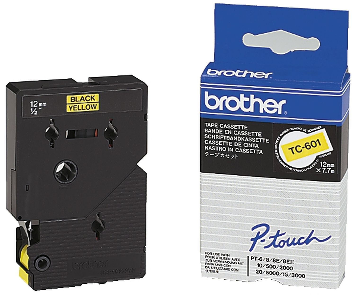 TC-601 Schriftbandkassette - laminiert, 12 mm x 7,7 m, schwarz auf gelb TC-601 Schriftbandkassette - laminiert, 12 mm x 7,7 m, schwarz auf gelb