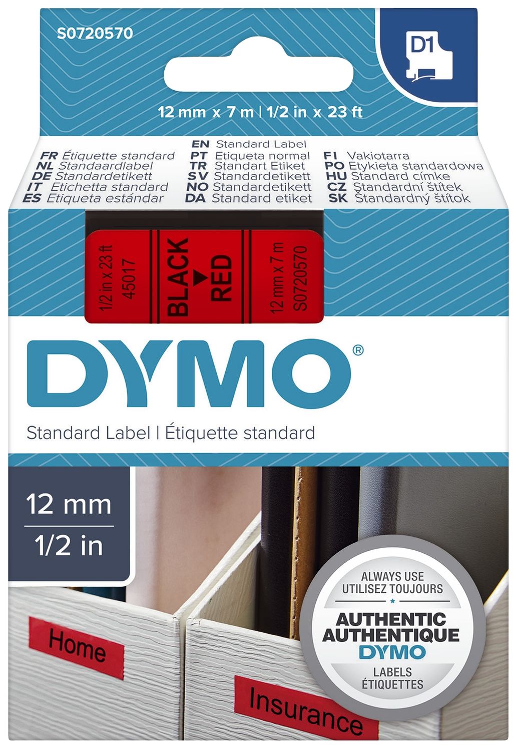 Schriftband D1 Kunststoff - laminiert, 7 m x 12 mm, Schwarz/Rot Schriftband D1 Kunststoff - laminiert, 7 m x 12 mm, Schwarz/Rot