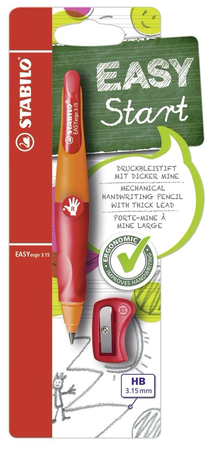 Ergonomischer Druck-Bleistift für Rechtshänder - EASYergo 3.15 in orange/rot - Einzelstift - inklusive 1 dicken Mine - Härtegrad HB & Spitzer Ergonomischer Druck-Bleistift für Rechtshänder - EASYergo 3.15 in orange/rot - Einzelstift - inklusive 1 dicken Mine - Härtegrad HB & Spitzer