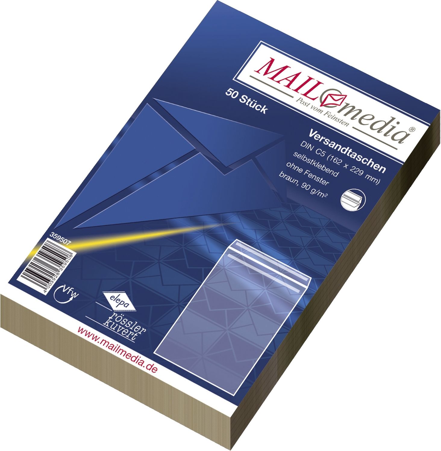 Versandtaschen Recycling MAILmedia® 30002474, C5, ohne Fenster, selbstklebend, 90 g/qm, braun, 50 Stück