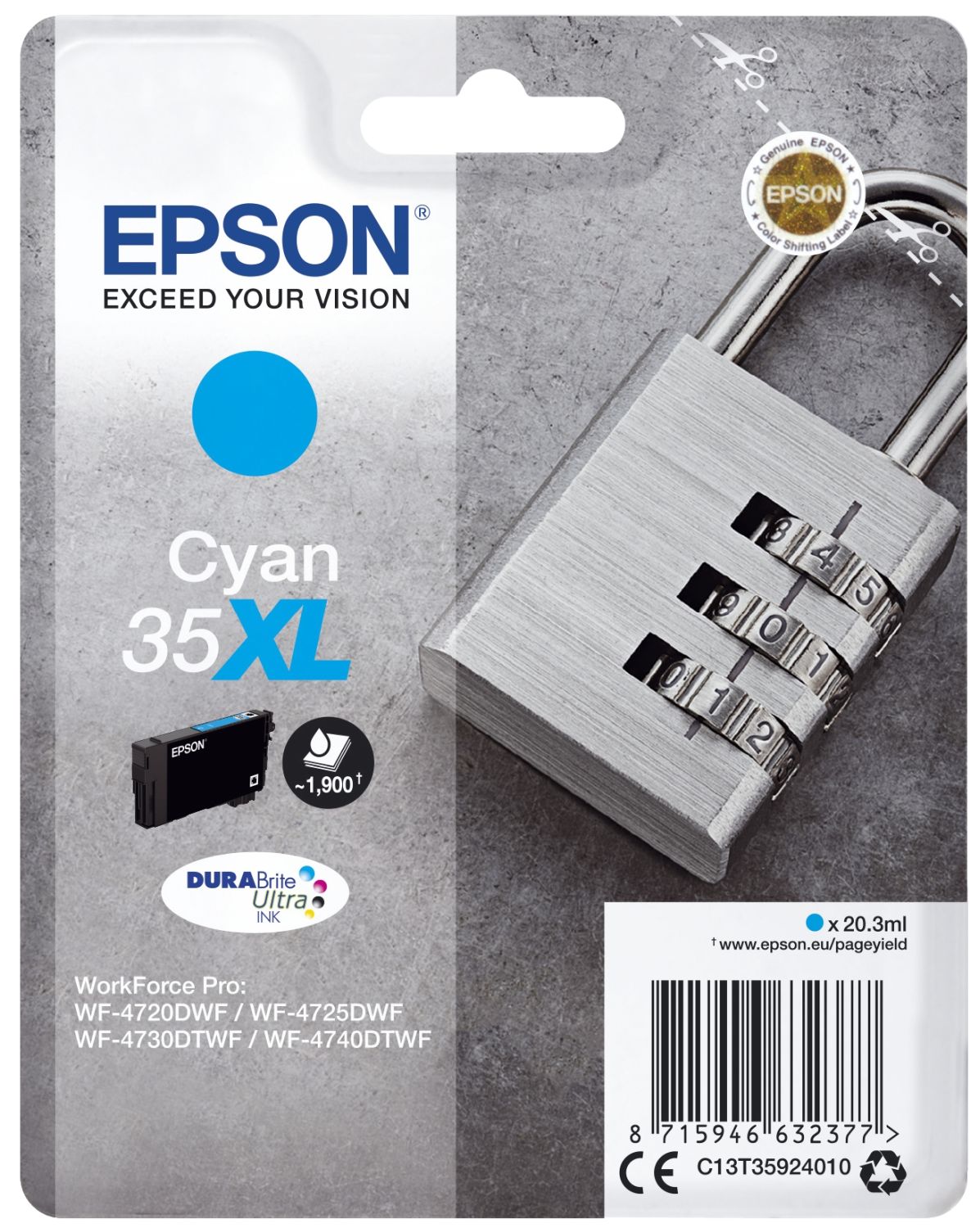 Original Epson Tintenpatrone cyan High-Capacity (C13T35924010,T359240,35XL,T3592,T35924010)