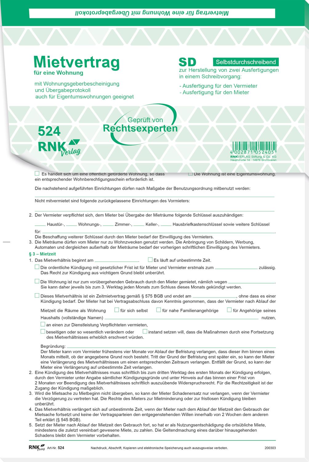 Universal-Mietverträge für Wohnungen - SD, Übergabeprotokoll, 4x2 Blatt, A4