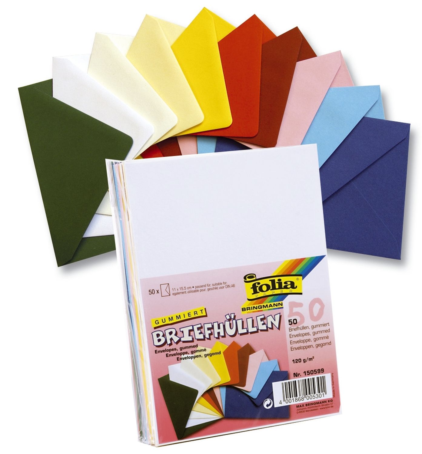 Briefumschläge Folia 150599, C6, 10 Farben sortiert,  120 g/qm, 50 Stück