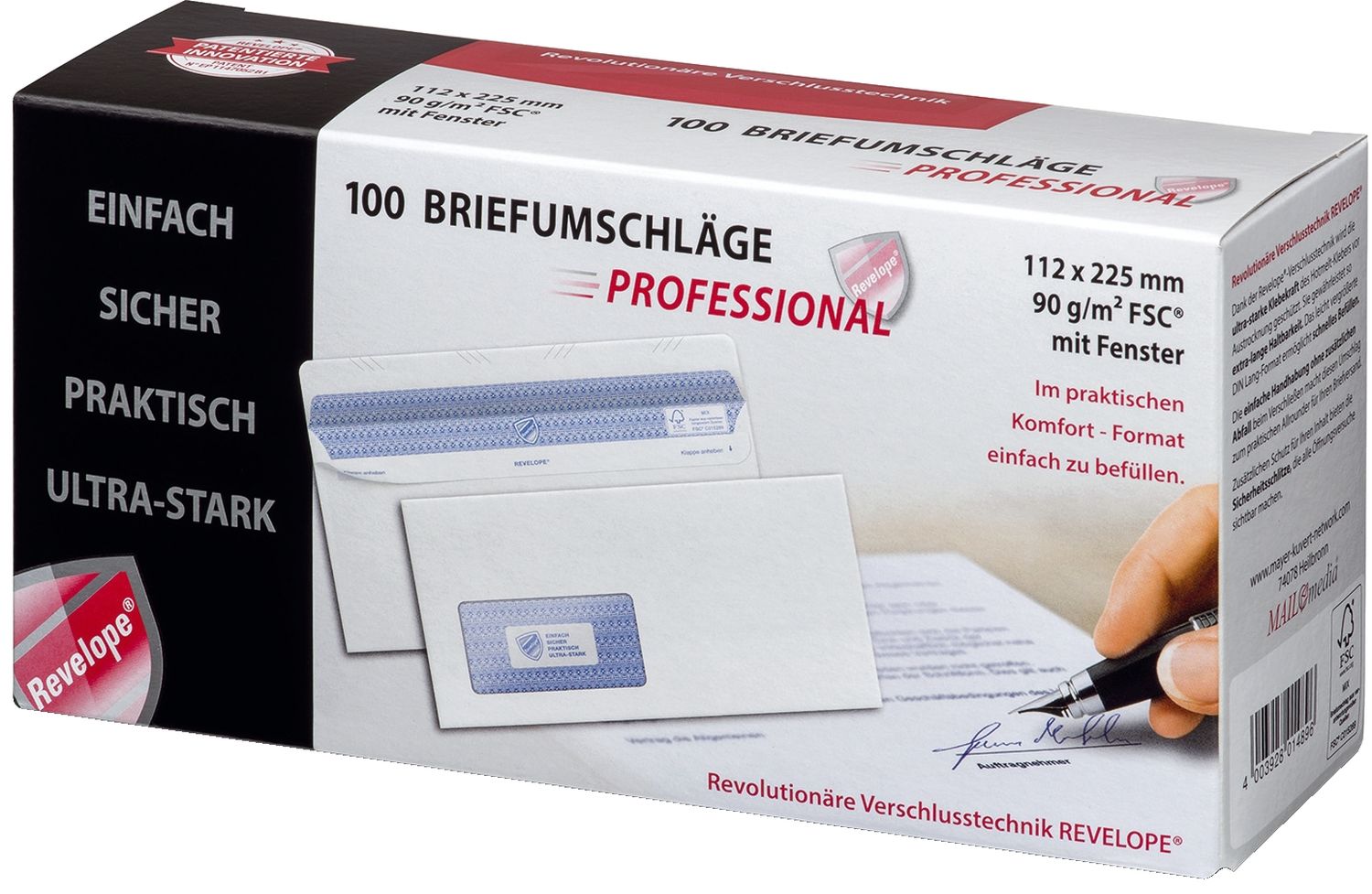 Briefumschlag Revelope® 30051785 - 112 x 225 mm, m. Fenster, weiß,  90 g/qm, Innendruck, Revelope-Klebung, 100 Stück