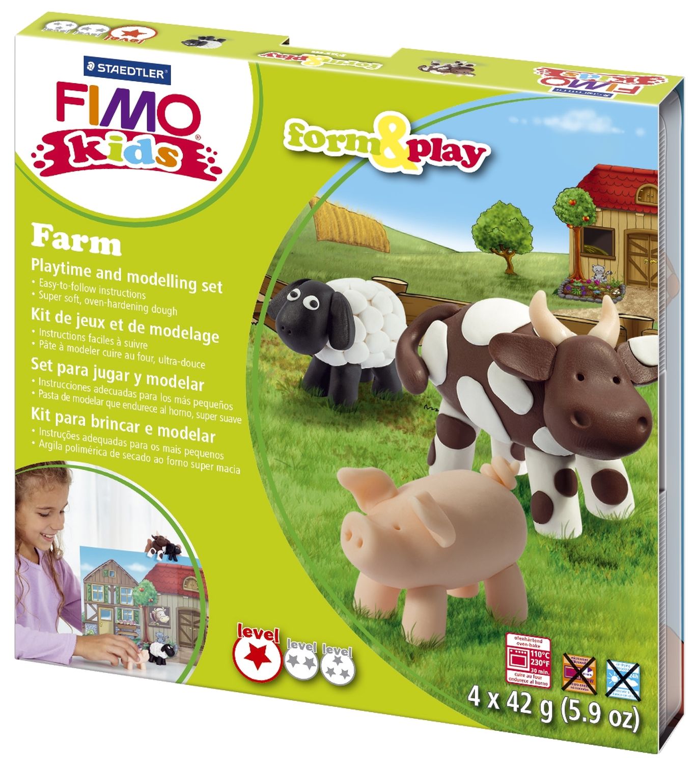 Modelliermasse FIMO® Kids Materialpackung Form & Play "farm", 4 x 42 g