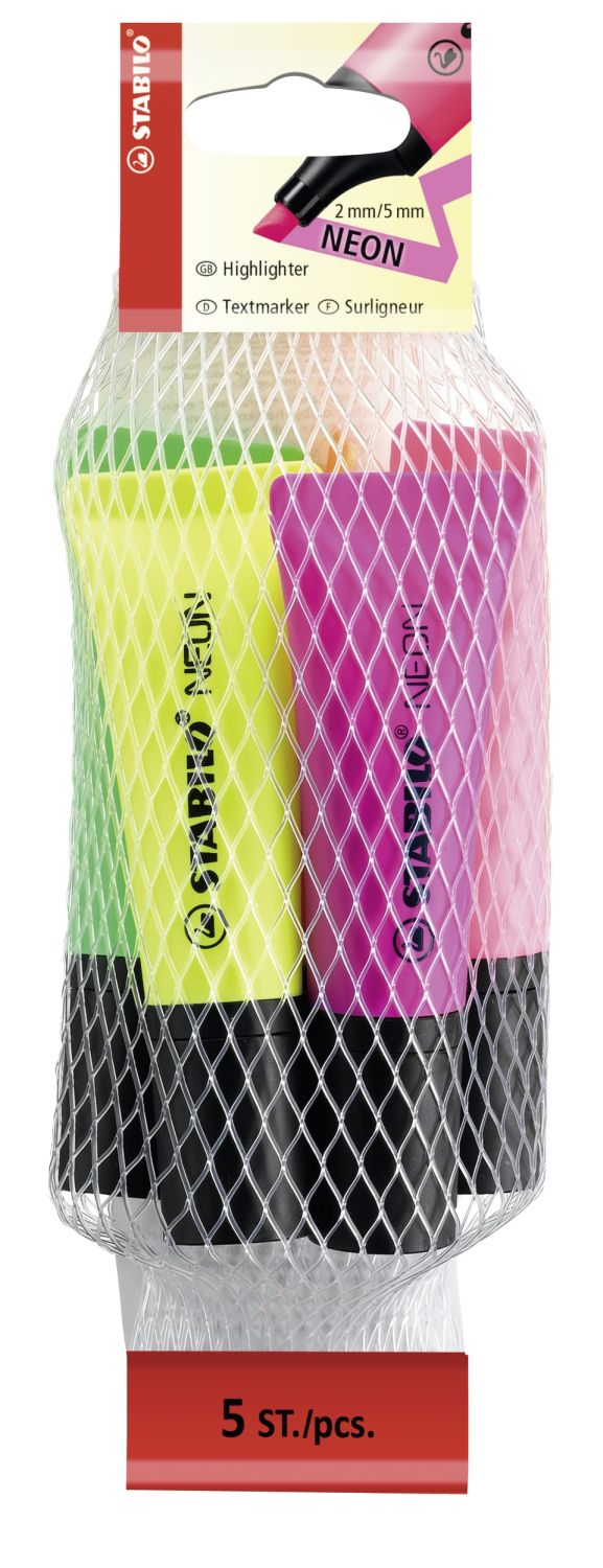 Textmarker - NEON - 5er Pack - gelb, grün, orange, pink, magenta