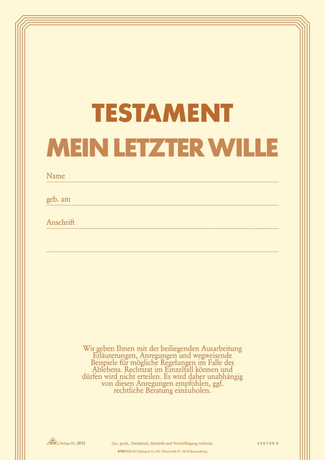 Testament Brief mit Anweisungen und Vollmacht für den Todesfall, DIN A4 Testament Brief mit Anweisungen und Vollmacht für den Todesfall, DIN A4