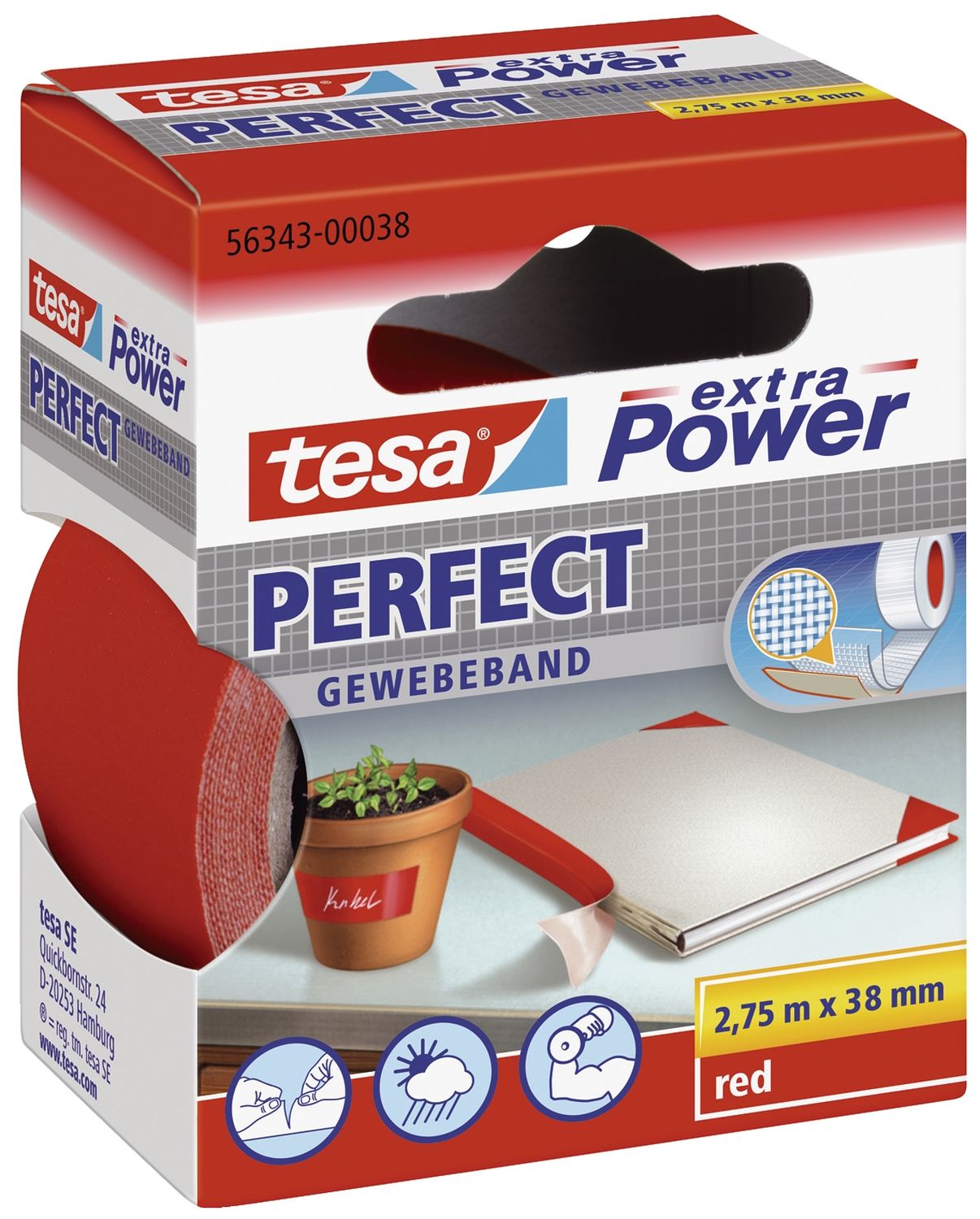 Gewebeklebeband extra Power Perfect - 2,75 m x 38 mm, rot Gewebeklebeband extra Power Perfect - 2,75 m x 38 mm, rot