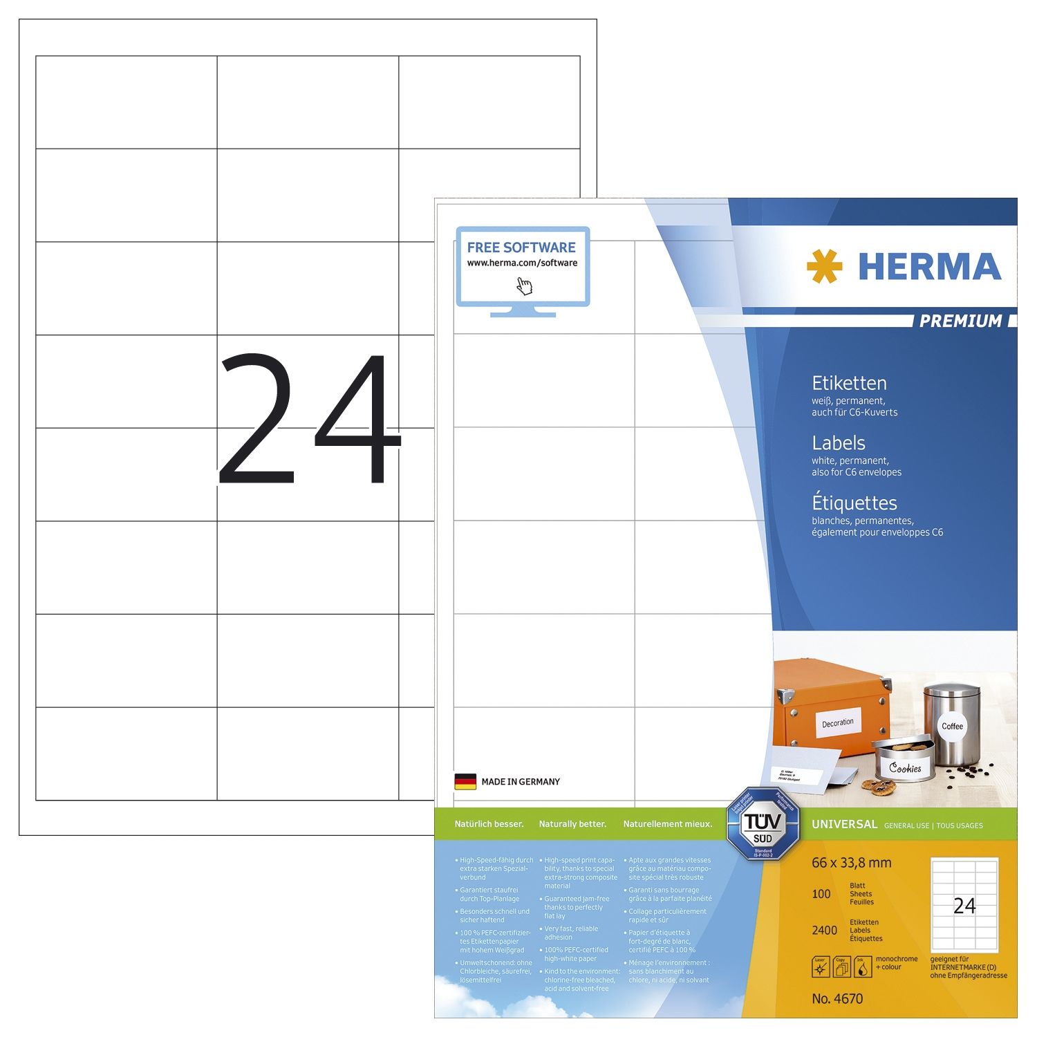 4670 Etiketten Premium A4, weiß 66x33,8 mm Papier matt 2400 St.