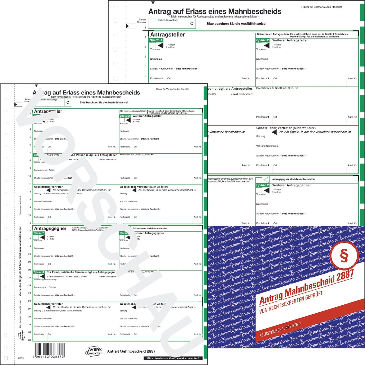 2887 Mahnbescheid, DIN A4, selbstdurchschreibend, 1 Satz, grün 2887 Mahnbescheid, DIN A4, selbstdurchschreibend, 1 Satz, grün