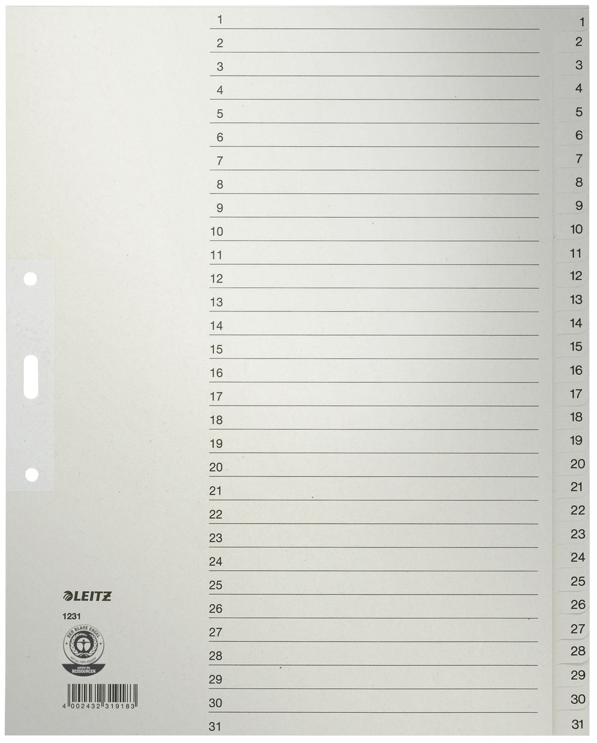 1231 Zahlenregister - 1-31, Papier, A4 Überbreite, 31 Blatt, grau 1231 Zahlenregister - 1-31, Papier, A4 Überbreite, 31 Blatt, grau