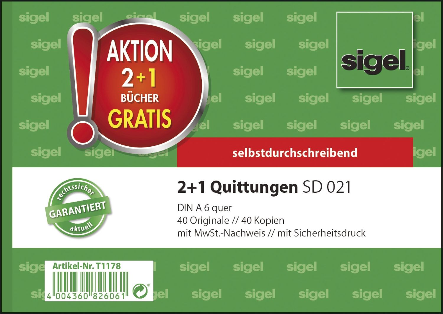 2 + 1 Aktion Quittungen mit Sicherheitsdruck - A6 quer, SD, MP, 2 x 40 Blatt