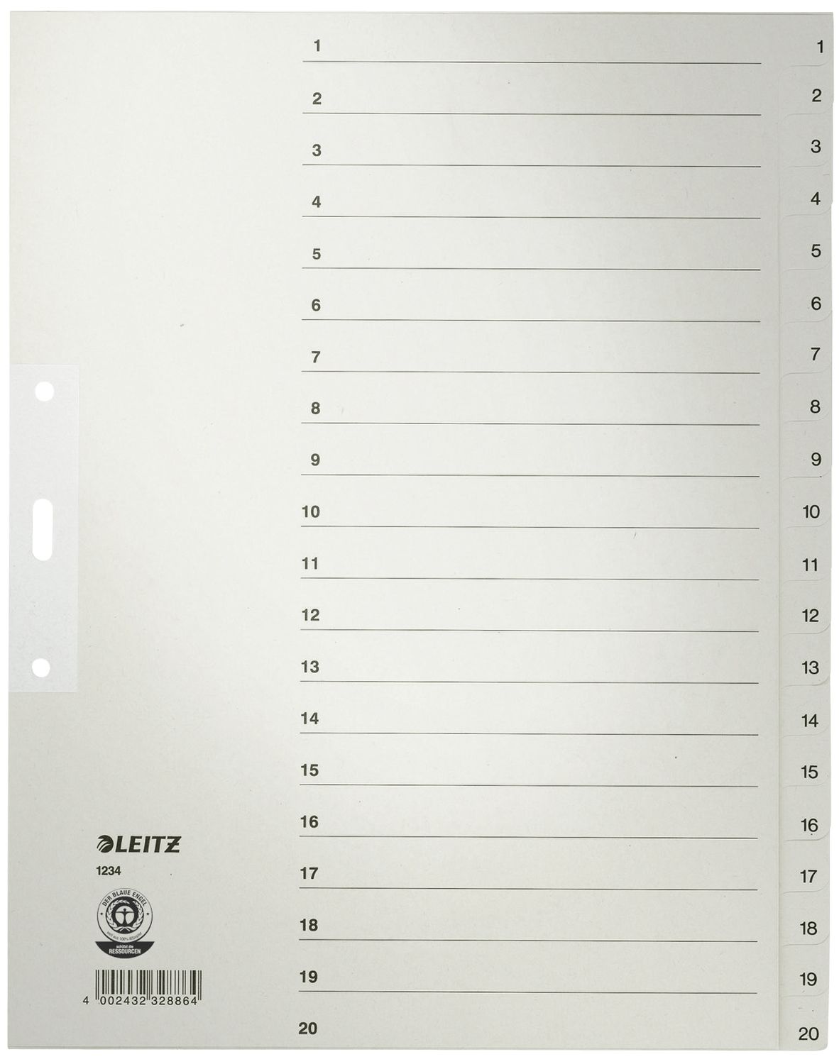 1234 Zahlenregister - 1-20, Papier, A4 Überbreite, 20 Blatt, grau 1234 Zahlenregister - 1-20, Papier, A4 Überbreite, 20 Blatt, grau