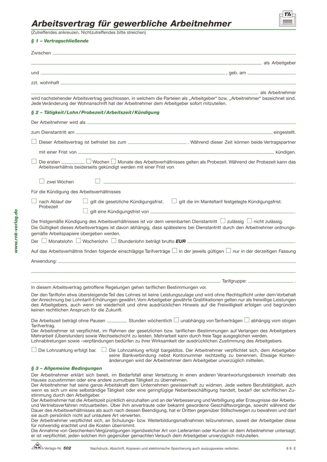 Arbeitsvertrag für gewerbliche Arbeitnehmer, 2 Seiten, DIN A4, 10 Stück Arbeitsvertrag für gewerbliche Arbeitnehmer, 2 Seiten, DIN A4, 10 Stück