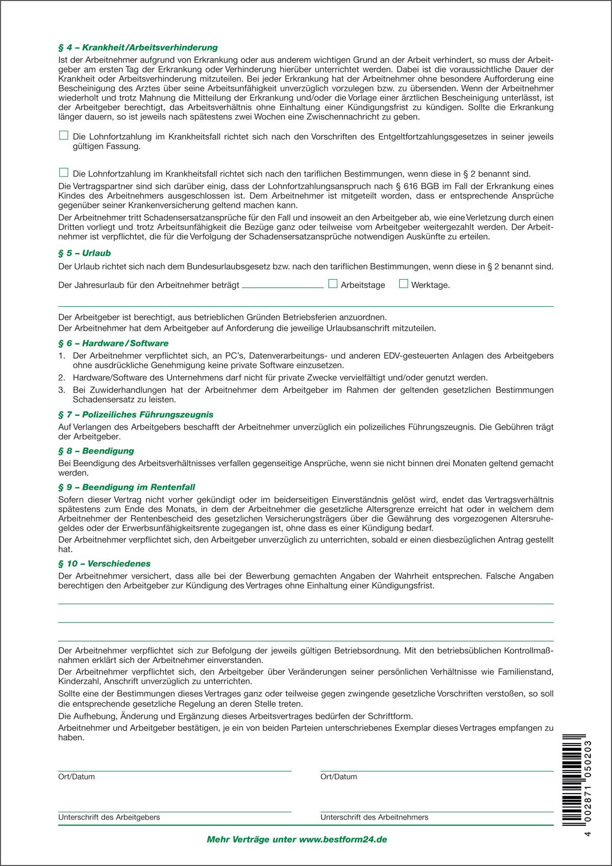 Arbeitsvertrag für gewerbliche Arbeitnehmer, 2 Seiten, DIN A4, 10 Stück Arbeitsvertrag für gewerbliche Arbeitnehmer, 2 Seiten, DIN A4, 10 Stück