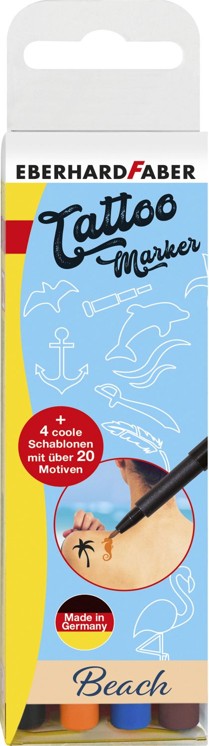 Hautmarker Tattoo Beach - 4er Kartonetui, sortiert, inkl. Schablone