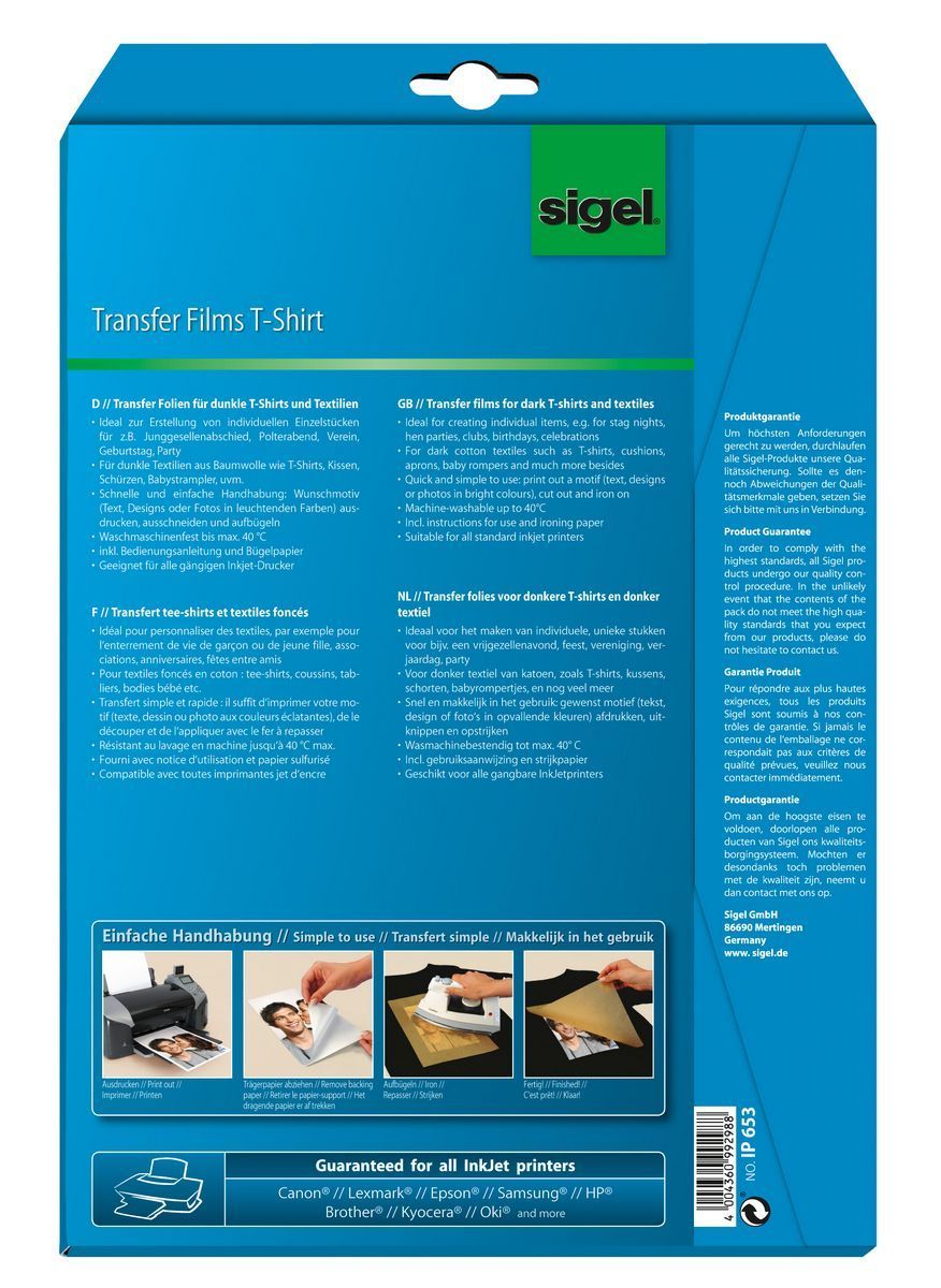 InkJet Transfer Folien für T-Shirts, für dunkle Textilien, inkl. Bügelpapier, 6 Folien InkJet Transfer Folien für T-Shirts, für dunkle Textilien, inkl. Bügelpapier, 6 Folien